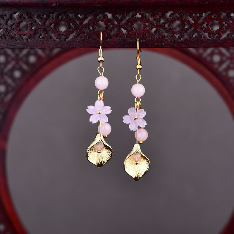 Vintage Collector - ピンク天然翡翠の花のイヤリングヴィンテージギフト女性のためのお守り本物のジュエリーチャーム高級幸運の彫刻された宝石